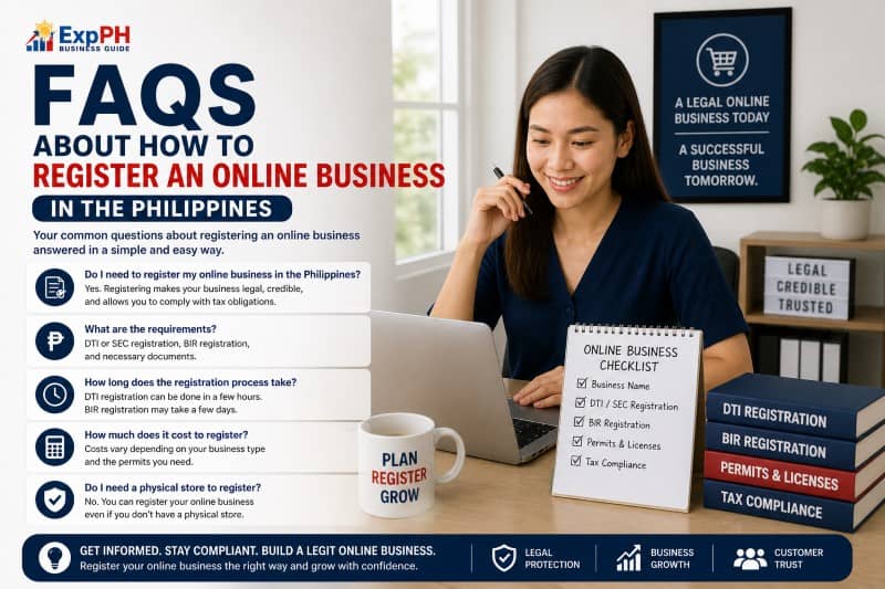 Filipino entrepreneur reviewing online business registration FAQs with laptop documents and checklist in a modern workspace