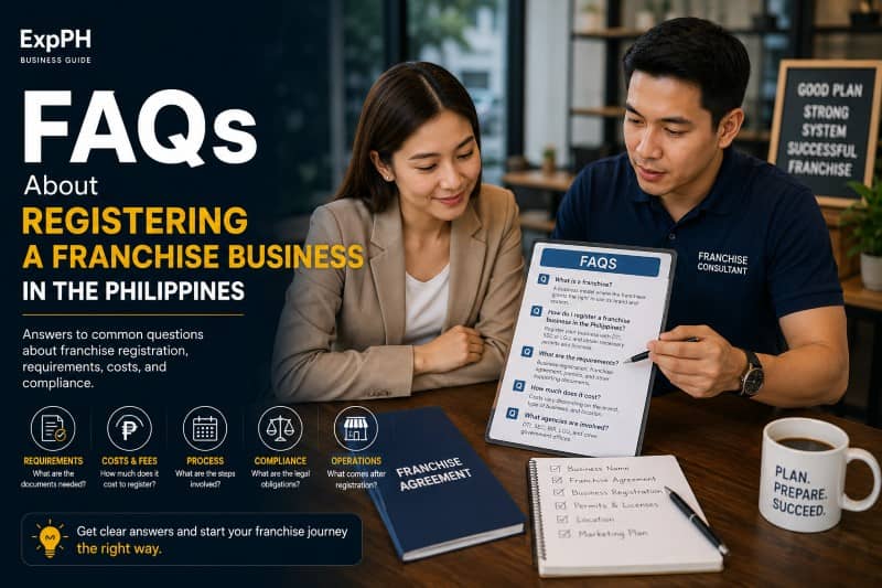 Realistic featured image showing Filipino entrepreneurs discussing how to register franchise business Philippines requirements and franchise registration questions in a professional Philippine business setting.