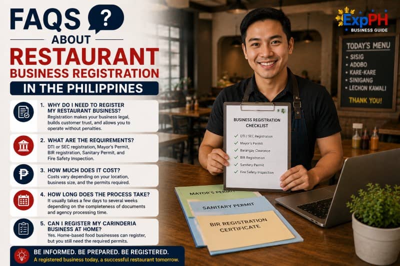 Filipino restaurant owner holding a business registration checklist with permit documents inside a registered restaurant in the Philippines