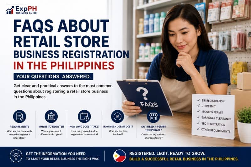 Filipino retail business owner reviewing frequently asked questions about retail store business registration Philippines requirements and permits for entrepreneurs