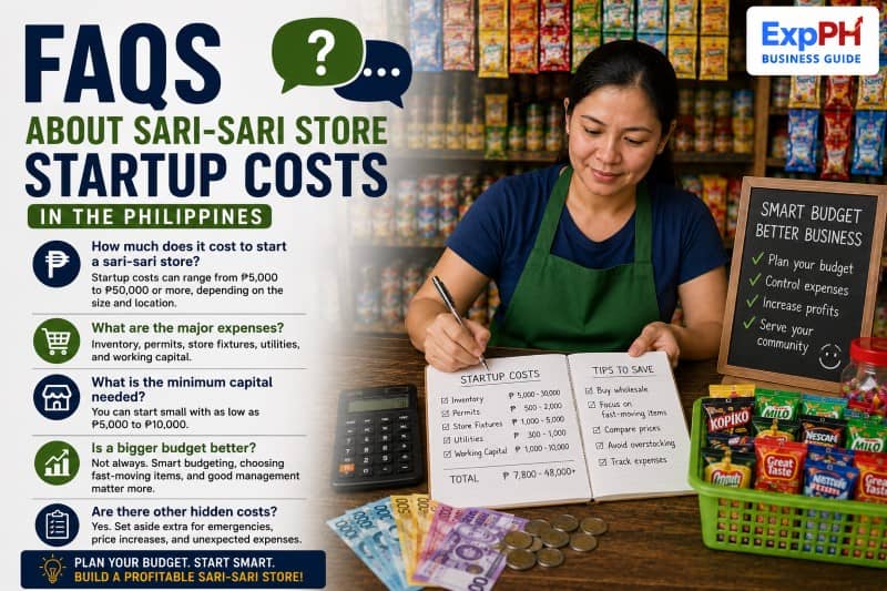 Filipino sari-sari store owner reviewing startup cost questions with calculator, budget notebook, inventory products, and ExpPH Business Guide logo
