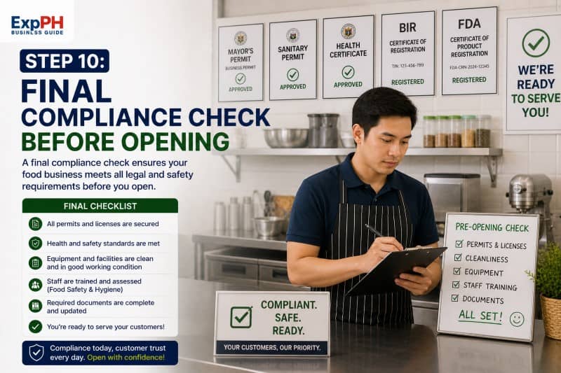 Filipino food business owner performing final compliance check in kitchen with permits certificates and checklist before opening business in the Philippines