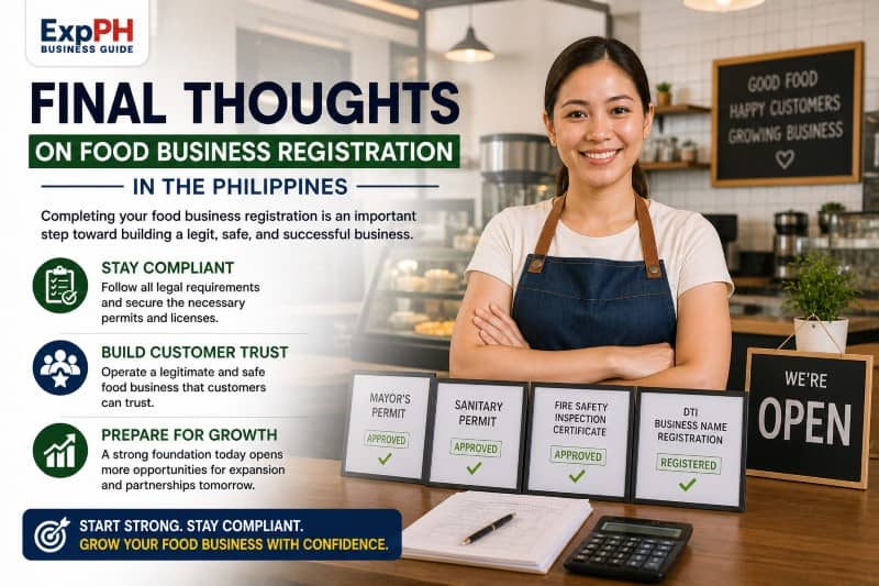 Filipino food business owner standing confidently in a modern café with permits and documents completed for food business registration Philippines