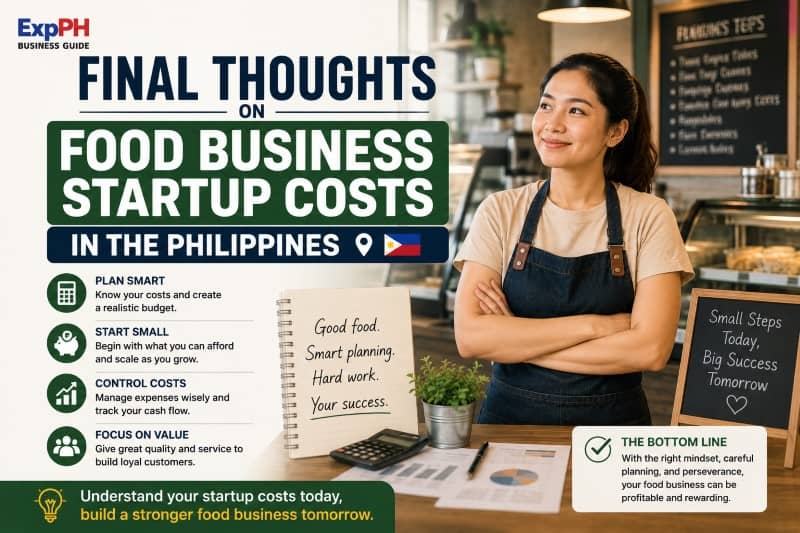 Filipino food entrepreneur reviewing startup plans and budgeting strategies inside a modern café while reflecting on food business costs in the Philippines