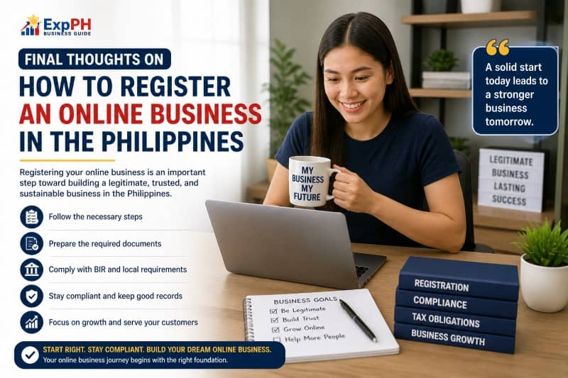 Filipino entrepreneur successfully managing registered online business with laptop documents and checklist in a professional workspace