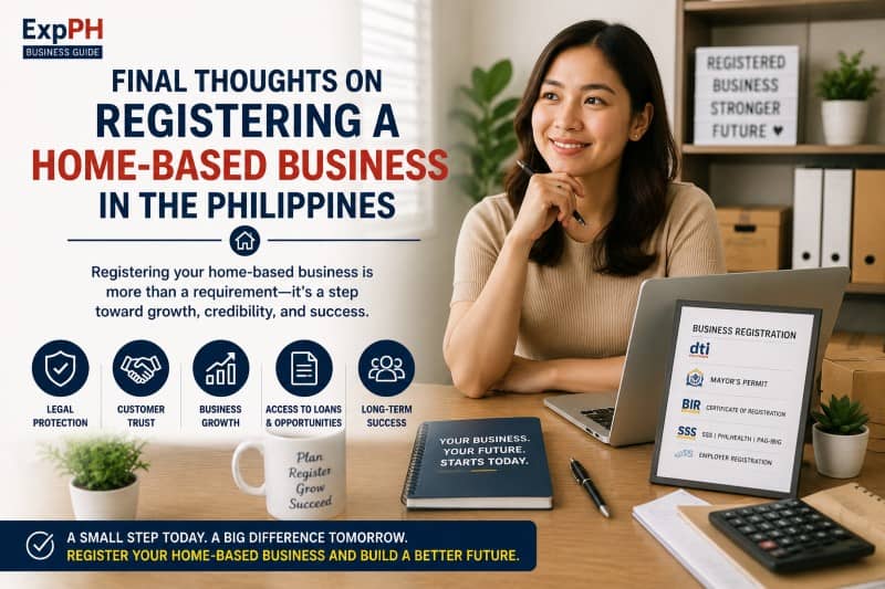 Filipino entrepreneur confidently managing a registered home-based business in a modern home office with documents and laptop