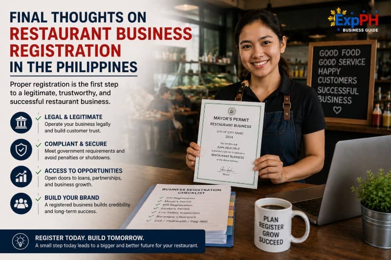 Filipino restaurant owner holding a Mayor’s Permit and business registration checklist inside a registered restaurant in the Philippines