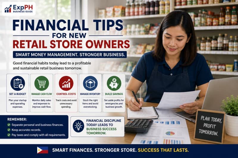 Filipino retail store owner managing finances, inventory, and business budgeting inside a modern retail shop in the Philippines