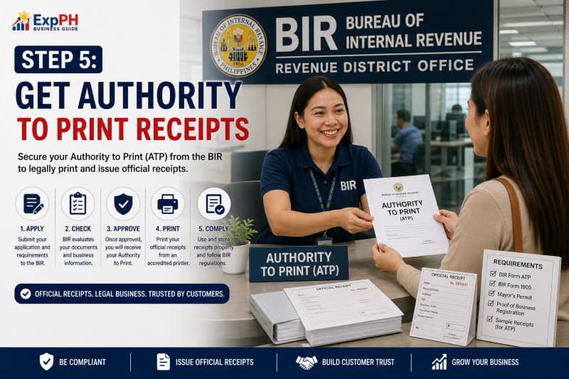 Filipino business owner printing official receipts with BIR authority to print in a professional Philippine office setting
