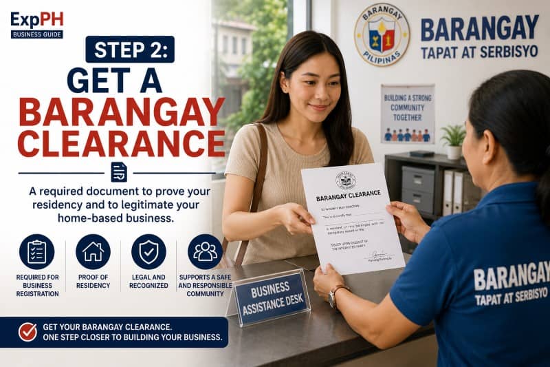 Filipino entrepreneur receiving a barangay clearance document at a barangay office for home-based business registration
