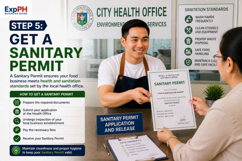 Filipino entrepreneur receiving sanitary permit from city health office for food business registration Philippines with inspection and hygiene compliance