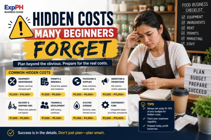 Filipino food business owner reviewing receipts and unexpected operational expenses inside a café with ExpPH Business Guide branding