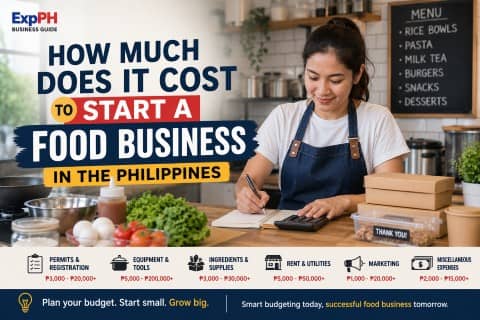 Filipino entrepreneur computing startup expenses for a food business in the Philippines with kitchen equipment, packaging supplies, and ExpPH Business Guide branding