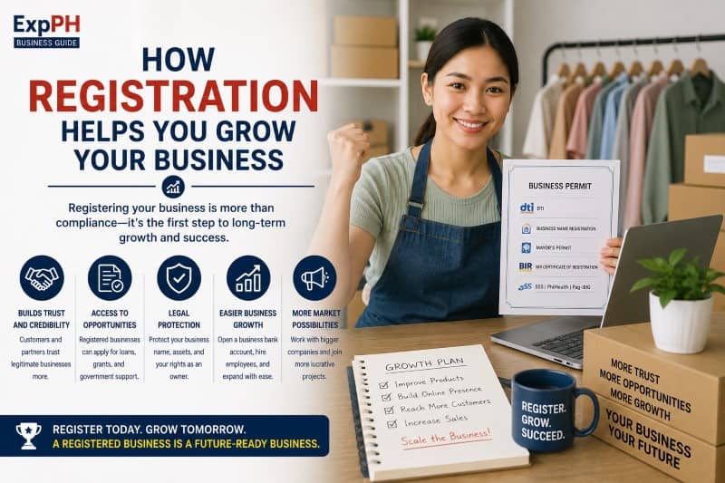 Filipino entrepreneur growing a home-based business with legal registration, documents, and increasing sales charts in a modern home office