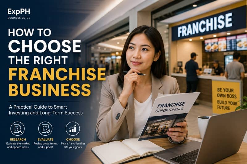 Professional featured image showing a Filipina entrepreneur reviewing franchise opportunities inside a modern Philippine business setting for a guide about choosing the right franchise business.