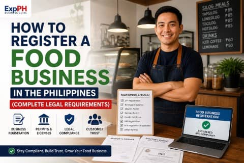 Filipino food business owner completing food business registration Philippines requirements including DTI, barangay clearance, mayor’s permit, sanitary permit, and BIR documents in a modern café setting