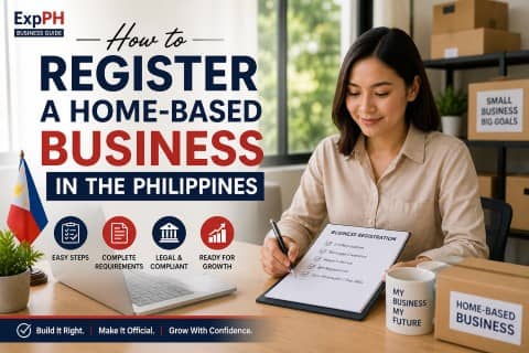 Woman registering a home-based business in the Philippines with documents, laptop, and business checklist in a home office setting