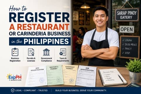 Restaurant owner standing outside a Filipino carinderia with business permits and registration documents for restaurant business registration in the Philippines