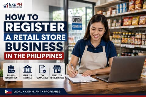 Filipino retail store owner completing business registration documents inside a small retail shop in the Philippines