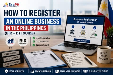 Online business registration in the Philippines showing DTI and BIR process with laptop, documents, and ExpPH Business Guide branding