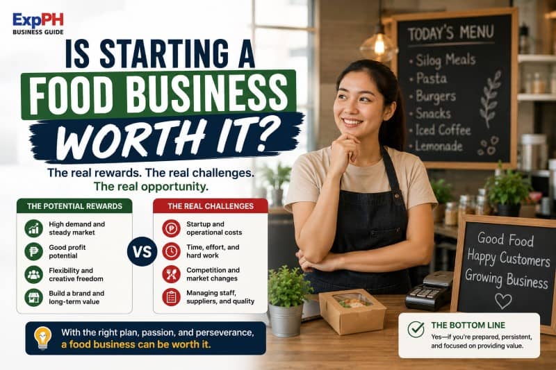 Filipino food entrepreneur evaluating the rewards and challenges of starting a food business in the Philippines with ExpPH Business Guide branding