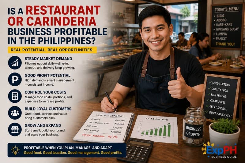 Filipino restaurant owner reviewing business profits and sales growth inside a busy carinderia in the Philippines