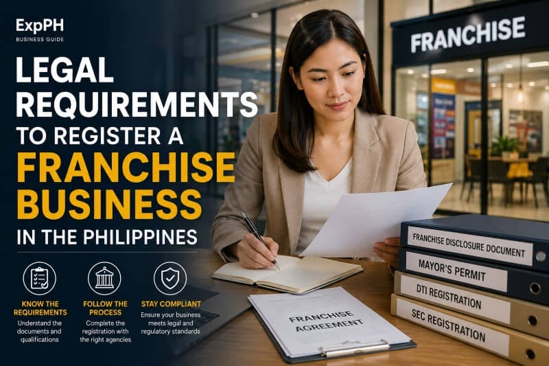 Realistic featured image showing a Filipino entrepreneur reviewing legal business registration documents for a franchise business in the Philippines.