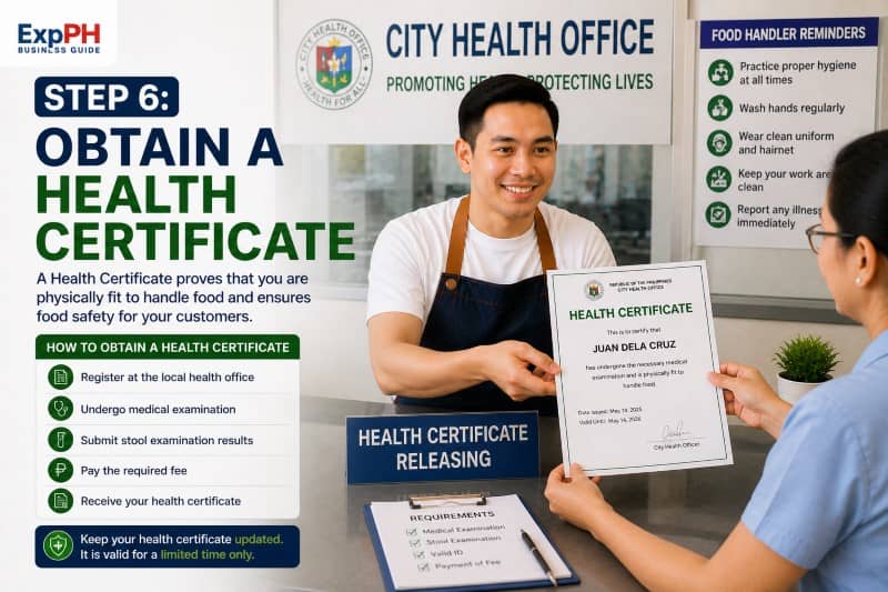Filipino food handler receiving health certificate from city health office after medical examination for food business registration Philippines