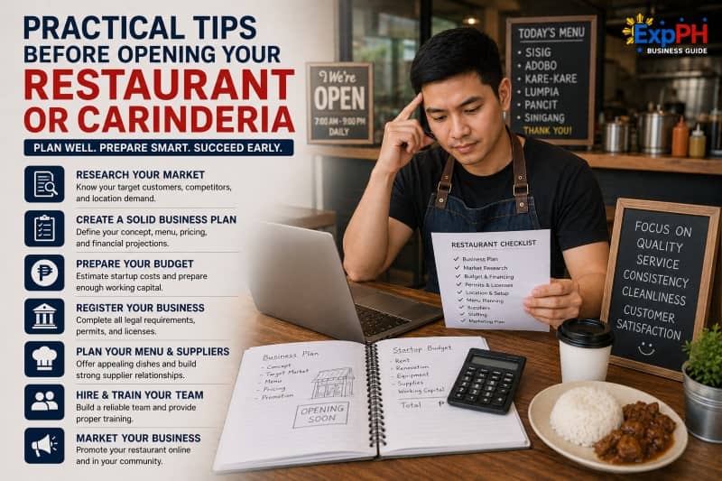 Filipino restaurant owner planning business expenses and reviewing a startup checklist before opening a restaurant or carinderia in the Philippines