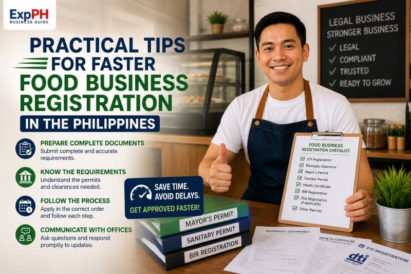 Filipino entrepreneur showing practical tips for faster food business registration Philippines with checklist permits documents and approval process in a modern café setting
