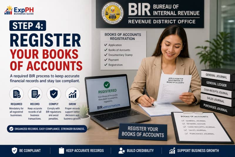 Filipino entrepreneur registering books of accounts with BIR using ledger books and financial records in a professional workspace