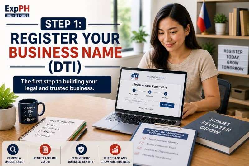 Filipino entrepreneur registering a business name online through DTI using a laptop in a home office setup