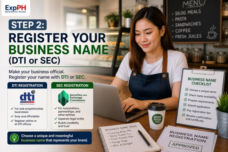 Filipino entrepreneur registering business name with DTI or SEC using laptop with checklist and documents for food business registration Philippines in a modern café setting