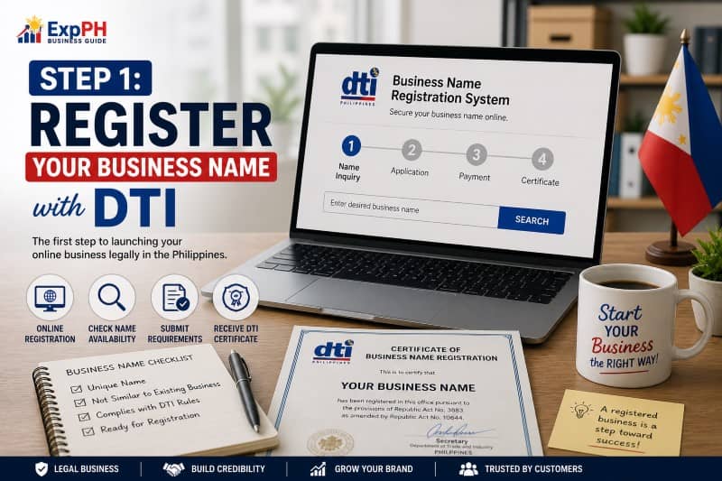 DTI business name registration process shown on laptop with certificate and checklist in a Philippine business workspace