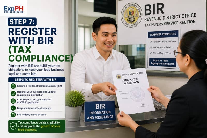 Filipino entrepreneur registering with BIR at revenue district office receiving certificate of registration for food business tax compliance Philippines