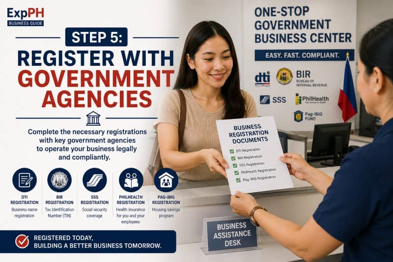 Filipino entrepreneur submitting business registration documents at a government business center for SSS PhilHealth and Pag-IBIG registration