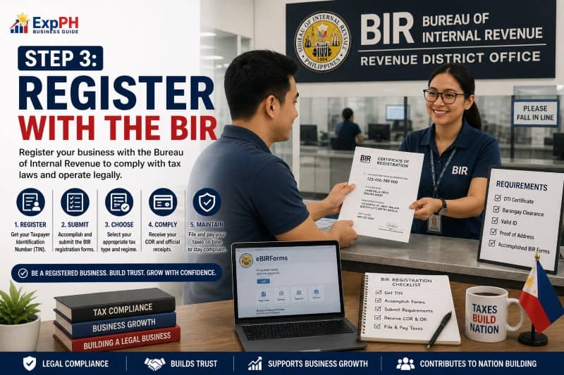 Filipino entrepreneur registering business at BIR office with forms, documents, and tax registration process in the Philippines