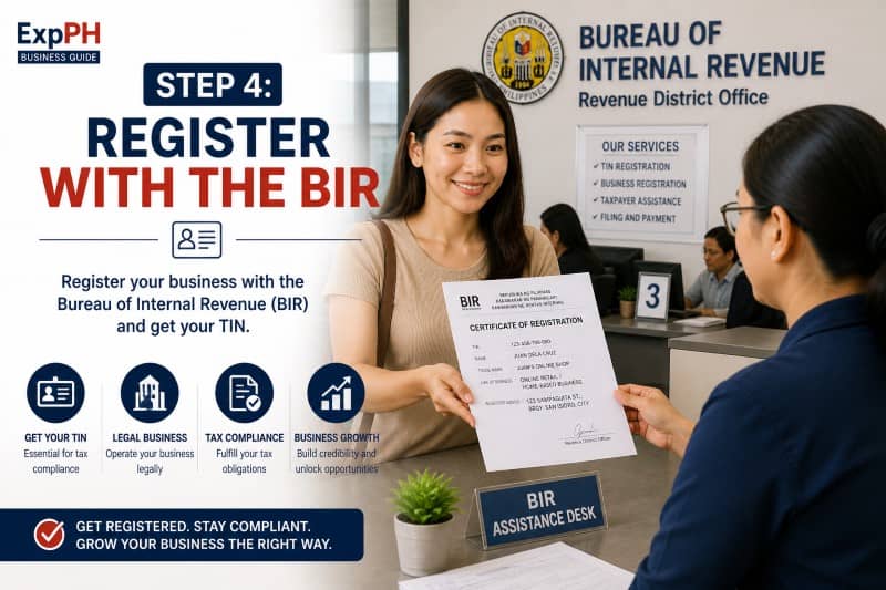 Filipino entrepreneur submitting business registration documents at a BIR office to complete tax registration