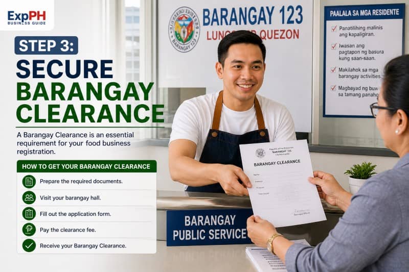 Filipino entrepreneur securing barangay clearance at barangay hall counter for food business registration Philippines with official document and local government setting