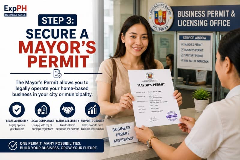 Filipino entrepreneur receiving a Mayor’s Permit at a city hall business licensing office in the Philippines