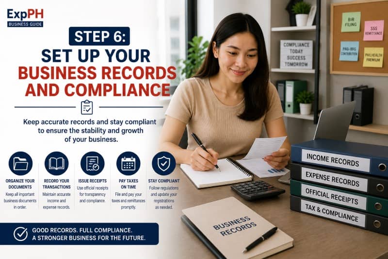 Filipino entrepreneur organizing business records, receipts, and tax documents in a home office for compliance