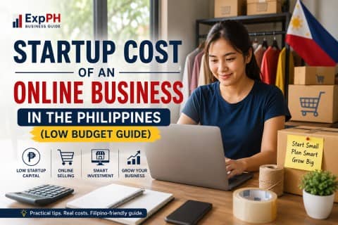 A Filipino entrepreneur working from home on a laptop, surrounded by shipping boxes and packaging supplies.