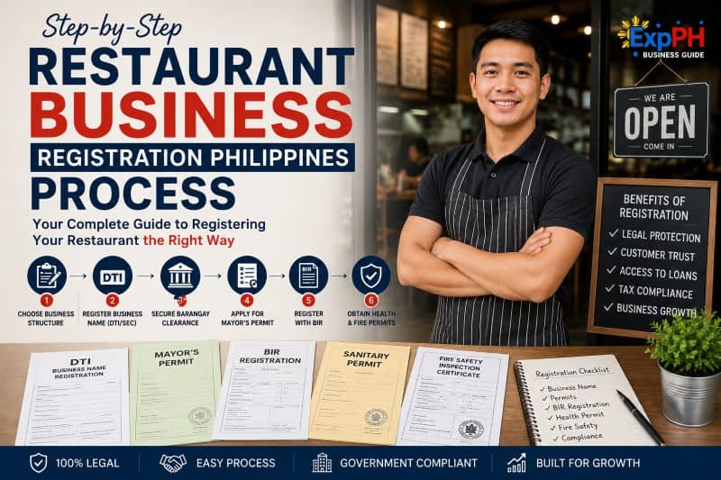 Filipino restaurant owner with business permits and registration documents showing the restaurant business registration process in the Philippines