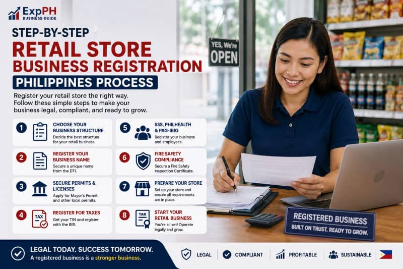 Filipino retail business owner processing business registration documents and permits inside a retail store in the Philippines