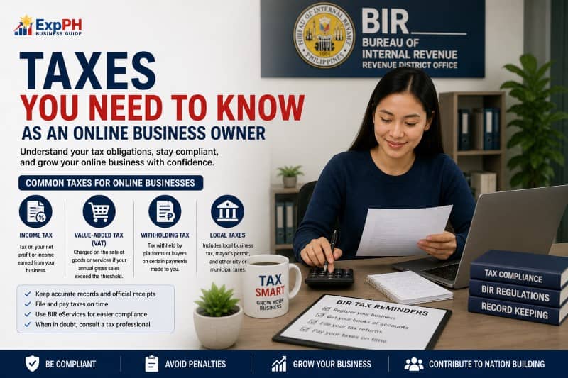 Filipino online business owner reviewing tax documents with calculator and laptop showing BIR tax compliance in the Philippines