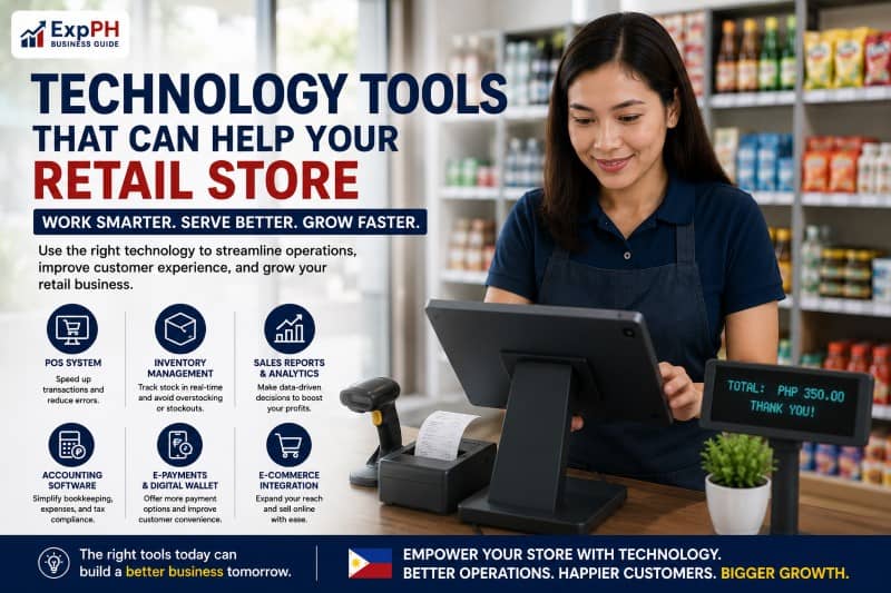 Filipino retail store owner using POS system and digital technology tools inside a modern retail shop in the Philippines