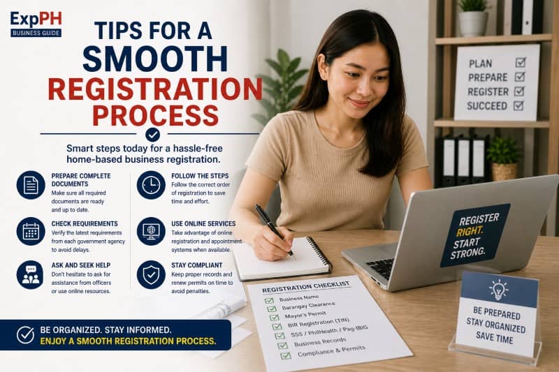 Filipino entrepreneur organizing documents and checklist for smooth home-based business registration in a home office