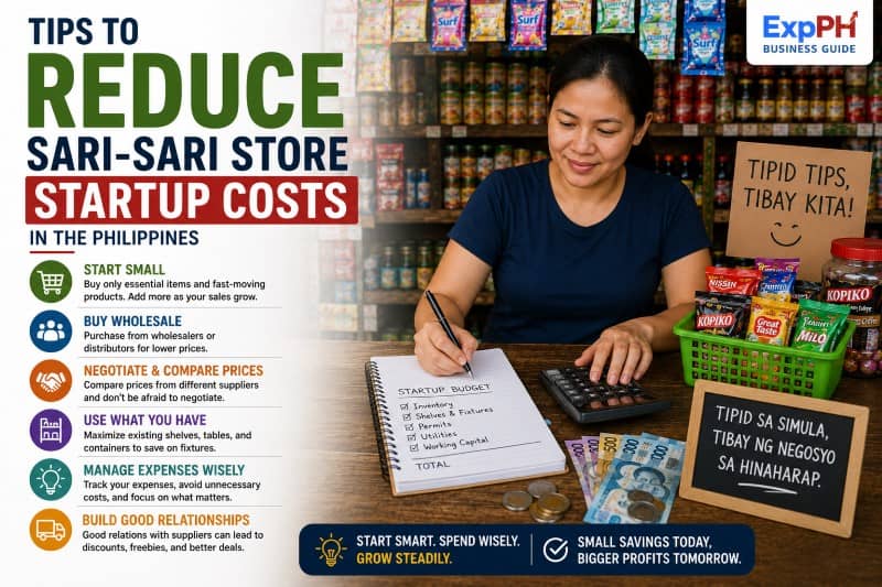 Filipino sari-sari store owner managing startup budget with calculator, inventory products, Philippine peso bills, and ExpPH Business Guide logo
