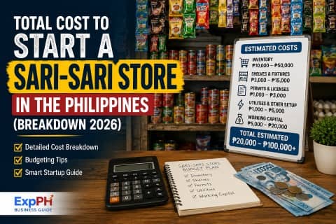 Realistic sari-sari store startup cost breakdown in the Philippines for 2026 featuring inventory, calculator, budgeting notebook, and ExpPH Business Guide logo