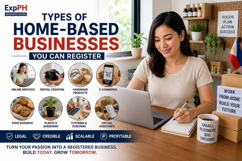 Different types of home-based businesses in the Philippines including freelancing, online selling, and small service businesses in a home office setup